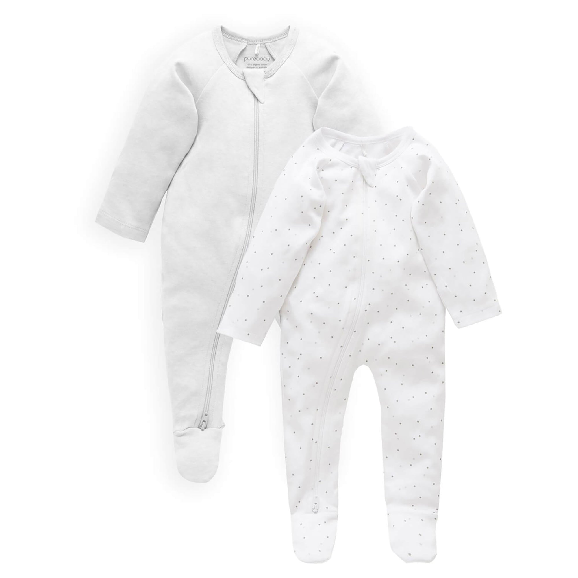 PureBaby Zip Growsuit 2-Pack - Pale Grey Spot/Pale Grey Melange ...