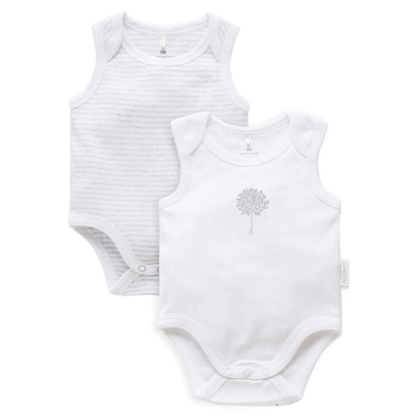 PureBaby Singlet Bodysuit 2-Pack - White/Pale Grey Melange Stripe