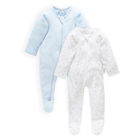 PureBaby Zip Growsuit 2-Pack - Pale Blue Spot/Soft Blue Melange