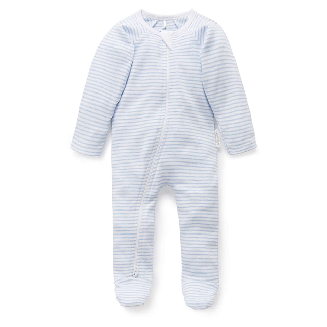 PureBaby Zip Growsuit - Pale Blue Melange Stripe