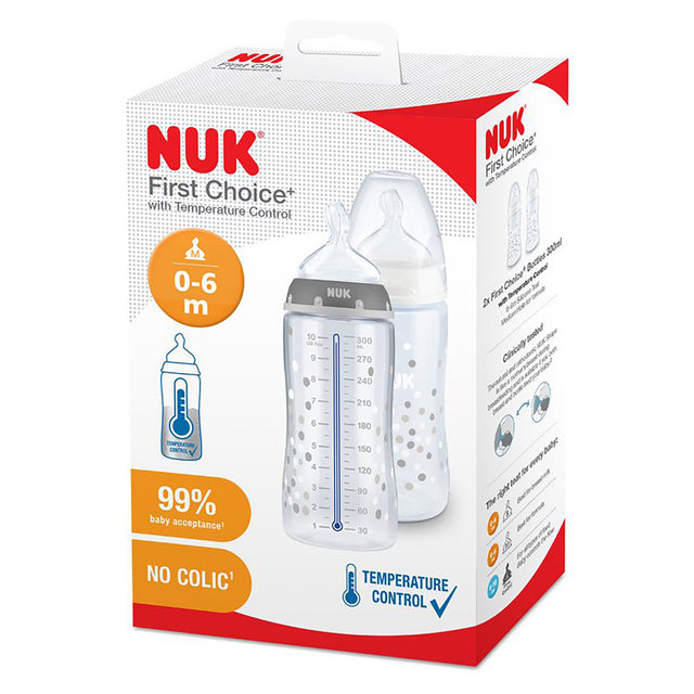 NUK First Choice Plus 300ml No Colic Teat Temperature Control Feeding Bottle 2 Pack