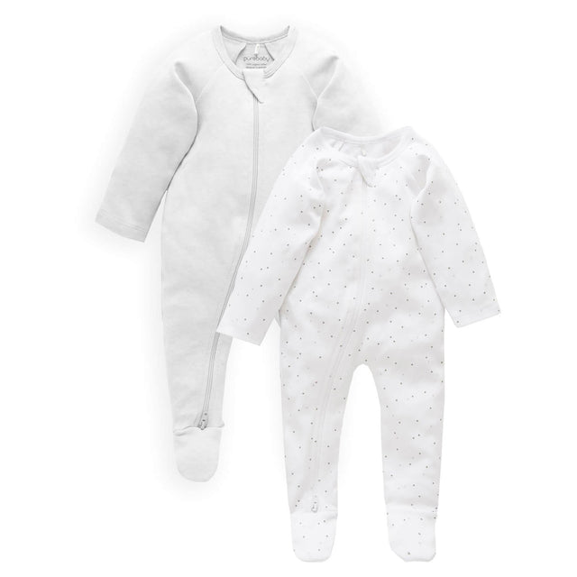 PureBaby Zip Growsuit 2-Pack - Pale Grey Spot/Pale Grey Melange