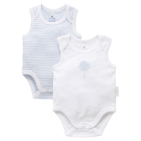 PureBaby Singlet Bodysuit 2-Pack - White/Pale Blue Melange Stripe